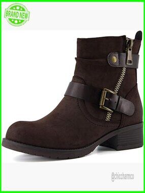 Motorcycle Ankle Boots with Zipper & Buckle, Memory Foam, Wide Width